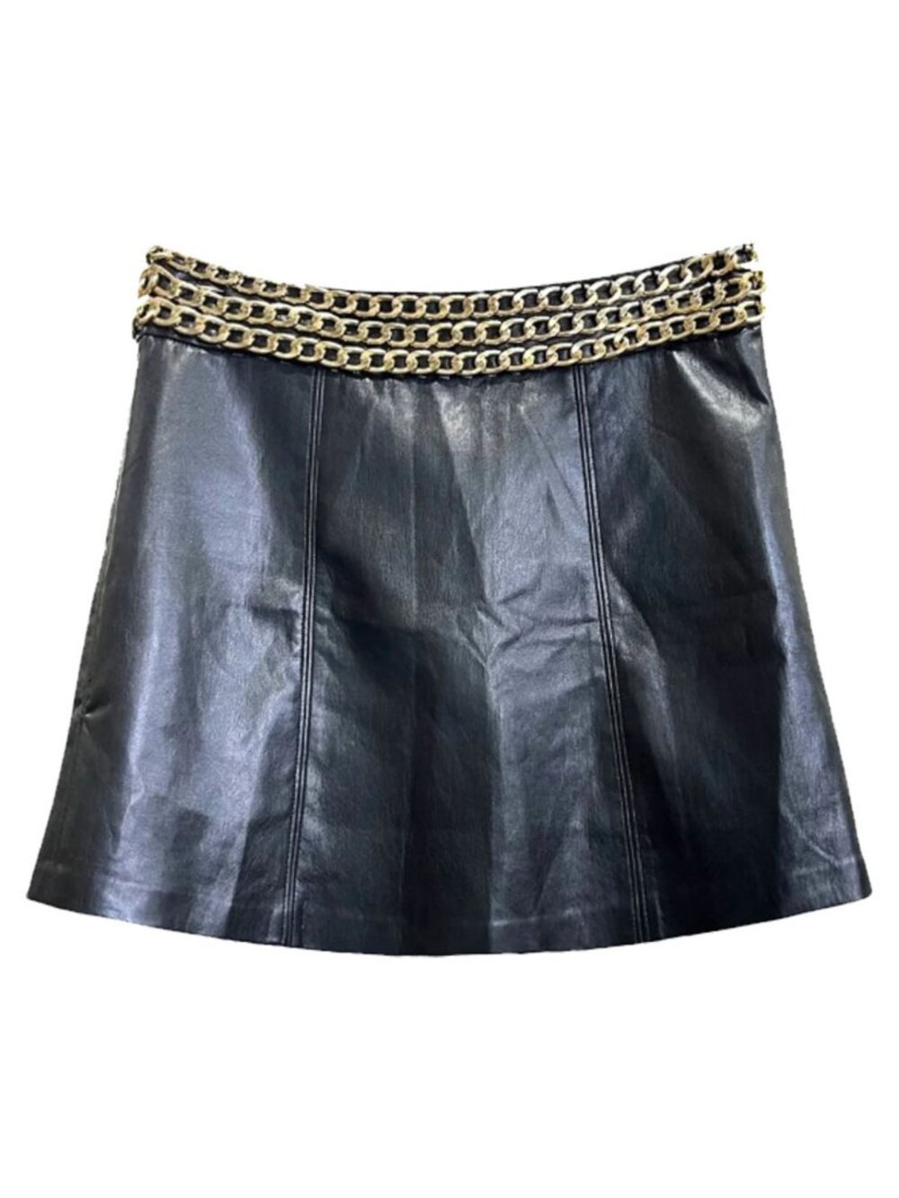 Alice + Olivia Rizo Black Vegan Leather Gold Chain Mini Skirt Size 6